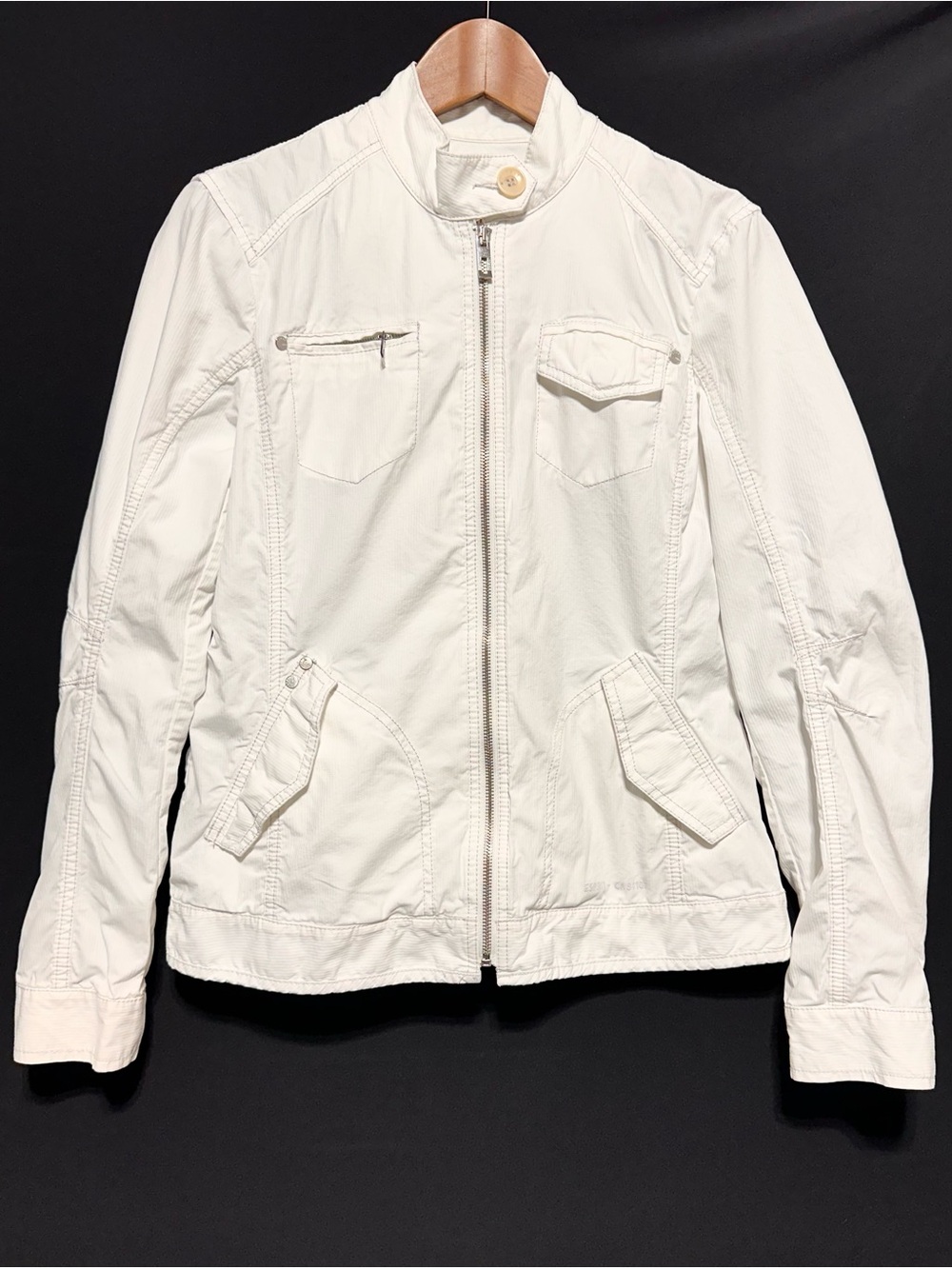Esprit White Cotton Utility Jacket Zip Front Moto Style Size 10
